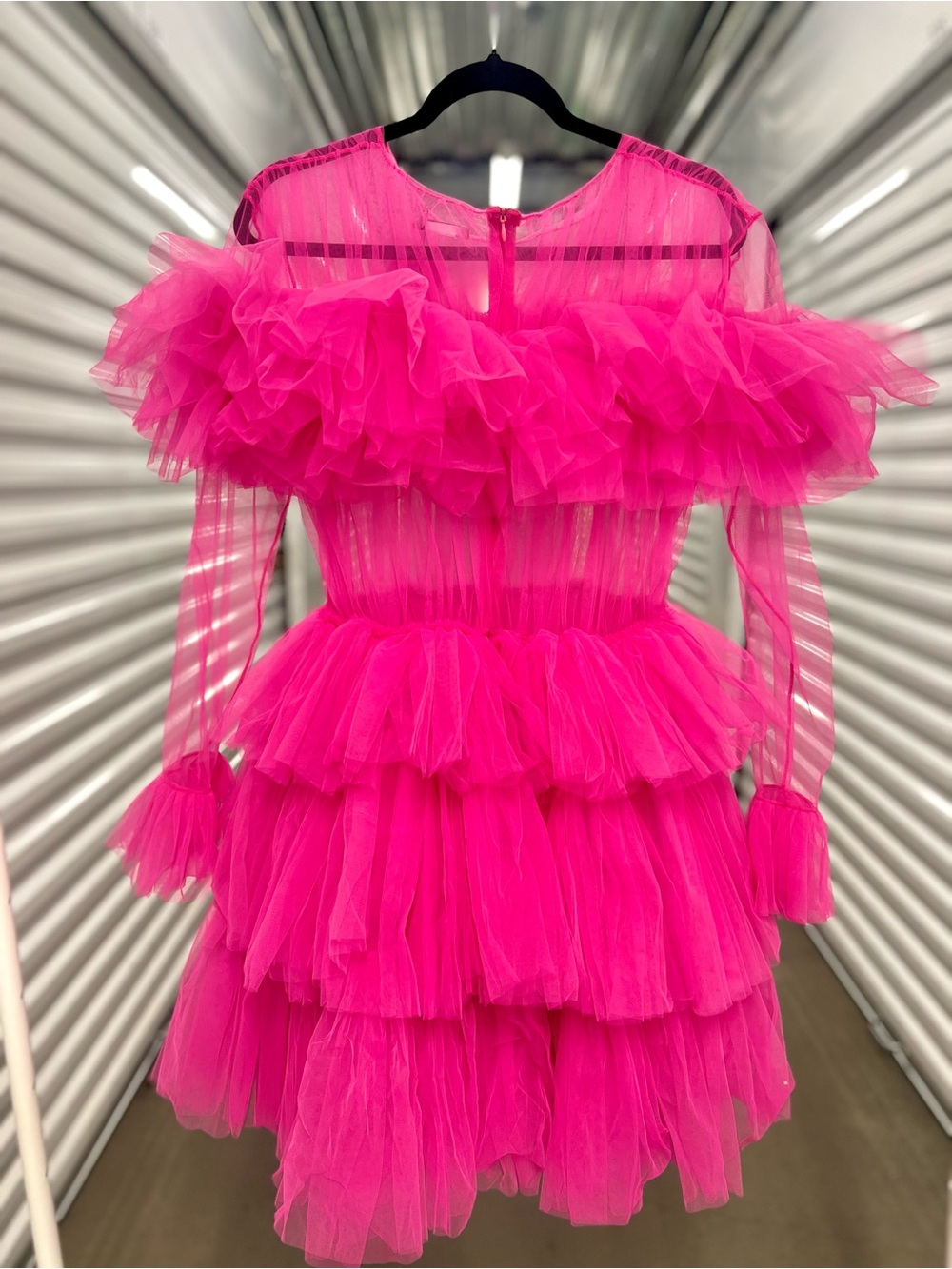 Vibrant Hot Pink Tiered Tulle Mini Dress - Picture 9 of 12